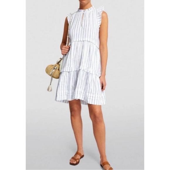 ME+EM Dresses & Skirts - ME + EM | Striped frill-trim tiered cotton-blend dress in White/Blue, Size US 6